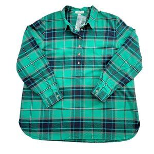 Coldwater Creek Plaid Flannel Popover Tunic Top Preppy Academia Green Sz 1X NEW